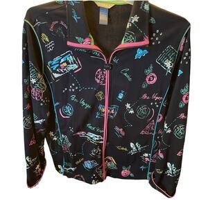 Womens  Travel Jacket  Full Zip Koret Black Novelty Motif  Print Pockets VTG